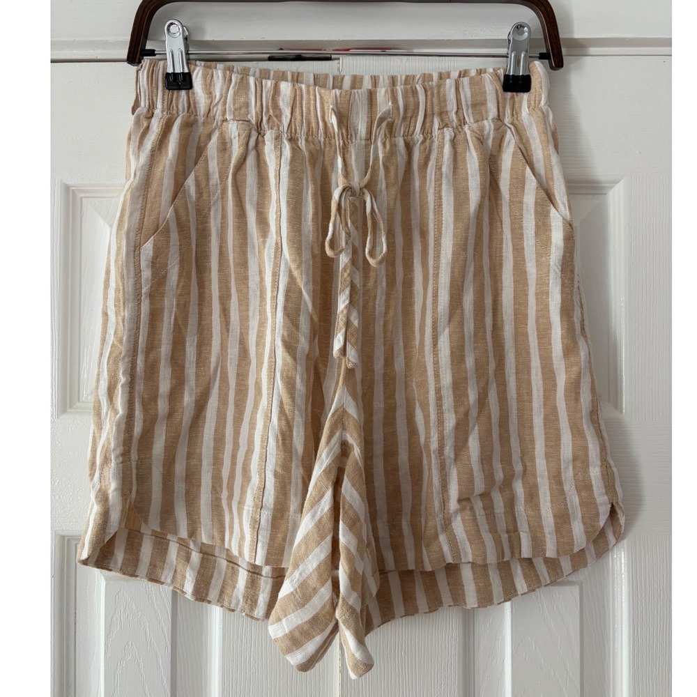 Universal Thread Women Tan White Striped Linen Blend Drawstring Shorts Size S